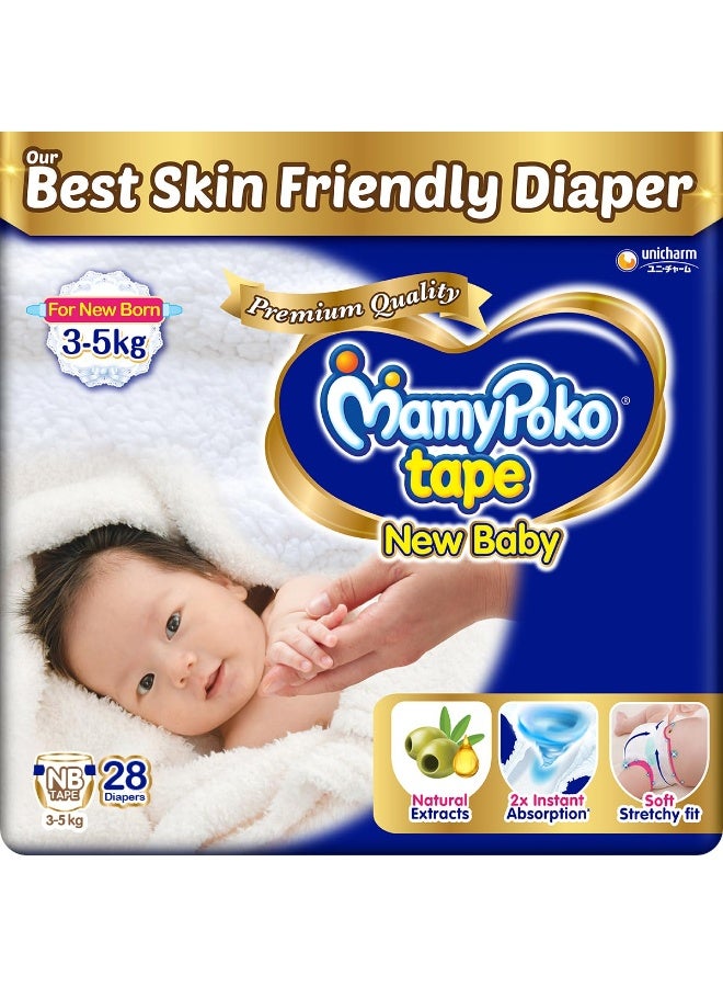 Mamypoko New Baby| Tape Style Baby Diapers, 28 Count, 3-5kg||2x Instant Absorption| Soft stretchy fit |Natural Extracts for Nourishment | Loose Stool Stopper, Wetness Indicator - Image 1