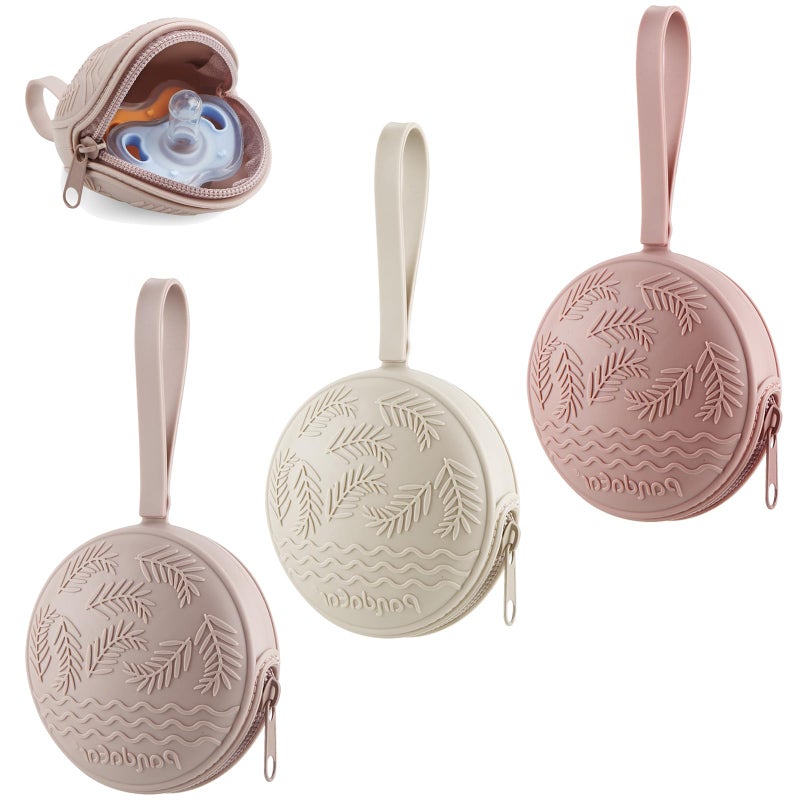 PandaEar 3 Pack Silicone Pacifier Holder Case, Portable Travel Pacifier Pouch for Newborns, BPA-Free Silicone Pacifier Storage Container for Boys & Girls (Pink) - Image 1