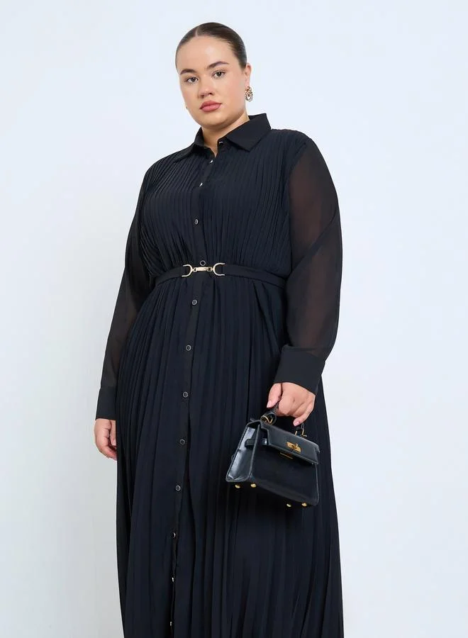 Styli Plus Size Black Pleated Collared Maxi Dress