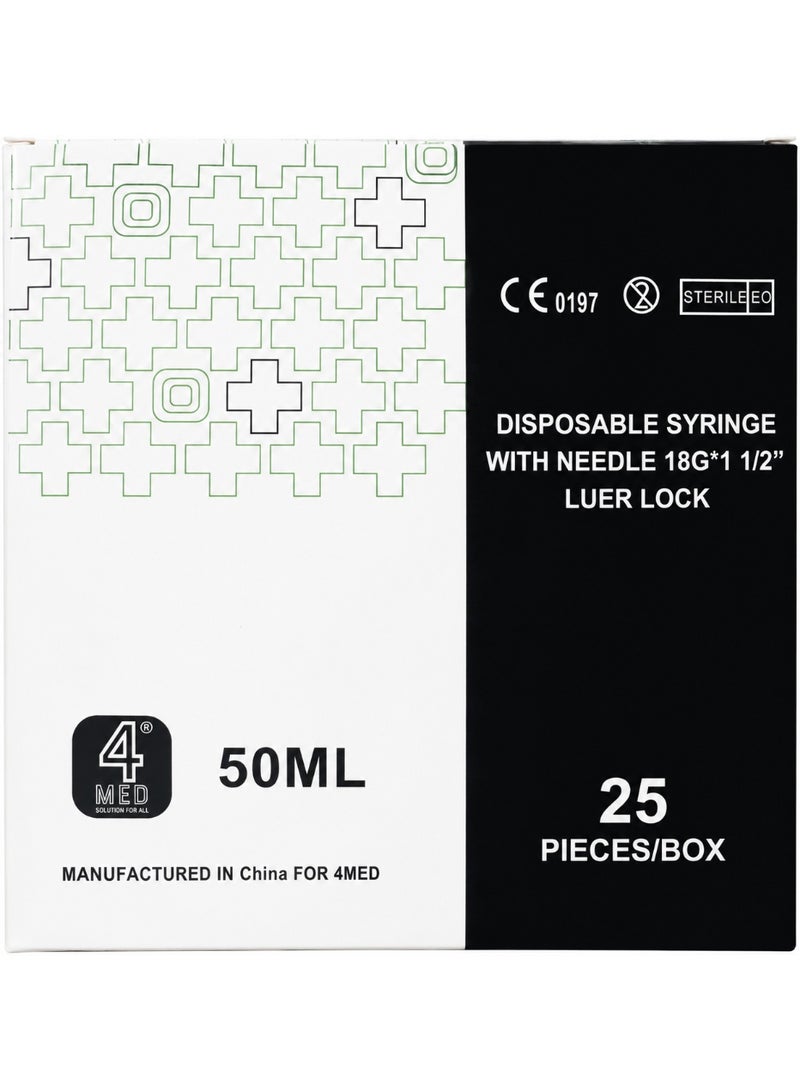 محاقن معقمة سعة 50 مل بمقاس 18G × 1½ بوصة ونظام قفل "لوير" (Luer Lock) مع إبر – 25 قطعة