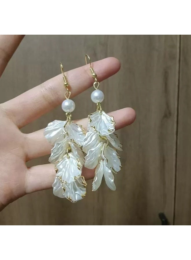Goolsky Petal Tassel Pearl Earrings for Women – French Elegant Long Drop Earrings, Luxury Statement Jewelry, Petal Tassels & Pearls Anti-Tarnish, Formal/Parties - Image 4