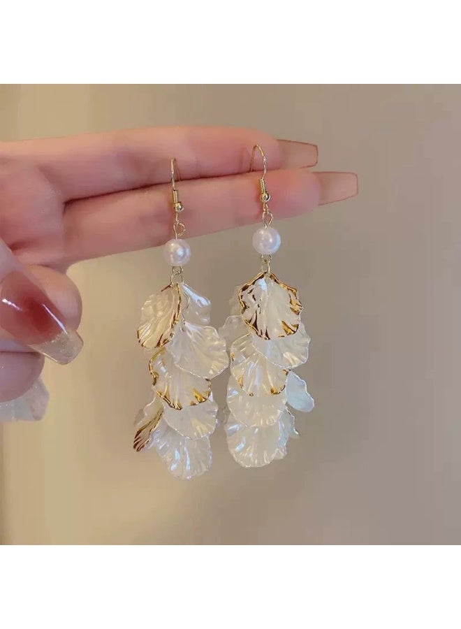 Goolsky Petal Tassel Pearl Earrings for Women – French Elegant Long Drop Earrings, Luxury Statement Jewelry, Petal Tassels & Pearls Anti-Tarnish, Formal/Parties - Image 3