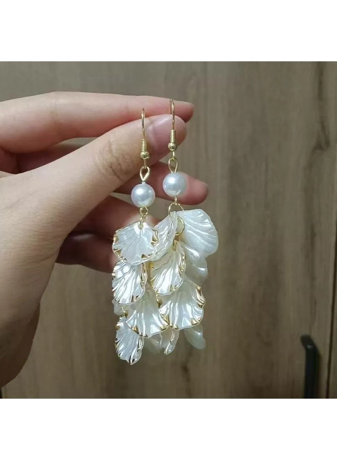 Goolsky Petal Tassel Pearl Earrings for Women – French Elegant Long Drop Earrings, Luxury Statement Jewelry, Petal Tassels & Pearls Anti-Tarnish, Formal/Parties - Image 1