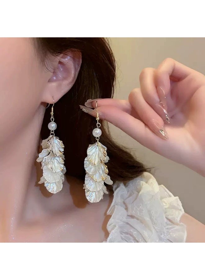 Goolsky Petal Tassel Pearl Earrings for Women – French Elegant Long Drop Earrings, Luxury Statement Jewelry, Petal Tassels & Pearls Anti-Tarnish, Formal/Parties - Image 2