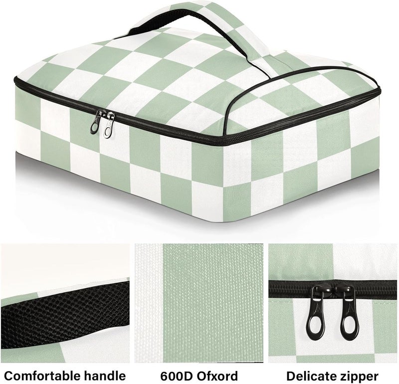 ElliTarr Casserole Carrier Insulated Casserole Dish Carrier Thermal Food Warmer Bag Lasagna Holder Lugger Tote Potluck Containers for Travel Picnic Party Checkered White and Green - Image 2