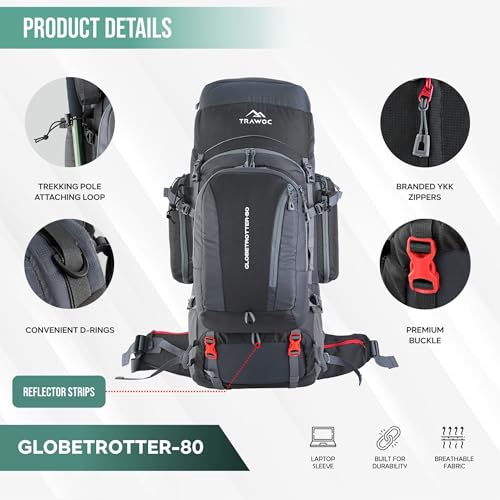 TRAWOC GLOBETROTTER 80 Liter (70+10) Internal Metal & Fiber Frame Rucksack Bag for Men & Women Trekking, Hiking Travel Backpack with Detachable Daypack, Rain Cover and Shoe Compartment, Grey - Image 2