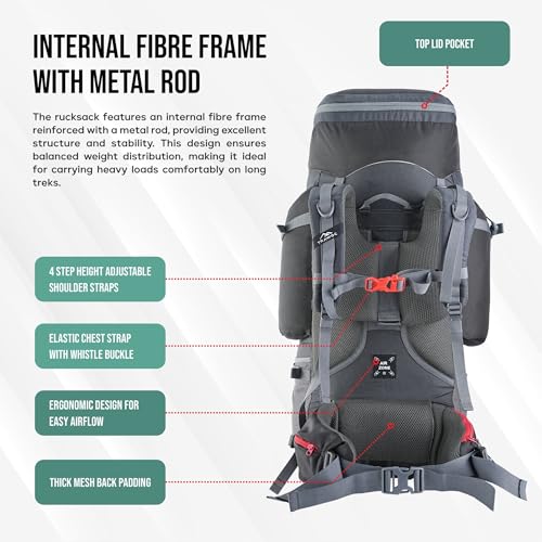 TRAWOC GLOBETROTTER 80 Liter (70+10) Internal Metal & Fiber Frame Rucksack Bag for Men & Women Trekking, Hiking Travel Backpack with Detachable Daypack, Rain Cover and Shoe Compartment, Grey - Image 3