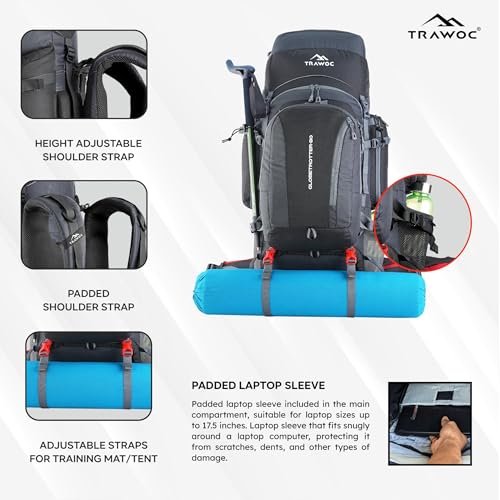 TRAWOC GLOBETROTTER 80 Liter (70+10) Internal Metal & Fiber Frame Rucksack Bag for Men & Women Trekking, Hiking Travel Backpack with Detachable Daypack, Rain Cover and Shoe Compartment, Grey - Image 4