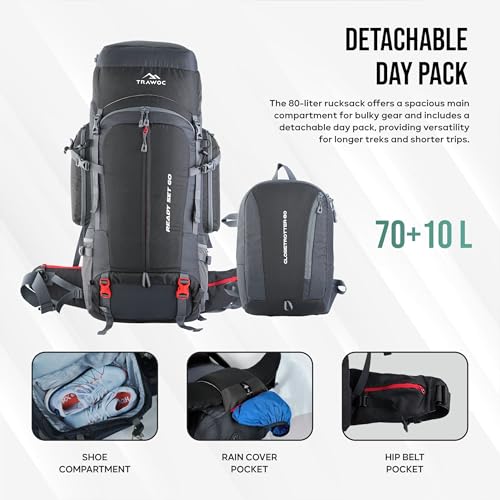TRAWOC GLOBETROTTER 80 Liter (70+10) Internal Metal & Fiber Frame Rucksack Bag for Men & Women Trekking, Hiking Travel Backpack with Detachable Daypack, Rain Cover and Shoe Compartment, Grey - Image 5