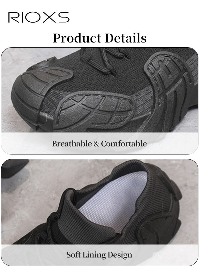 RIOXS Walking Trainers For Men And Women, Lightweight Athlesiure Shoes, Comfy Breathable Flyknit Sneakers, Unisex Slip-on Running Shoes, Sports Shoe With Soft Sole, Minimalist Walking Trainers, Training Shoes For Workout/ Gym/ Daily Wear- Black Trainers  - Image 4
