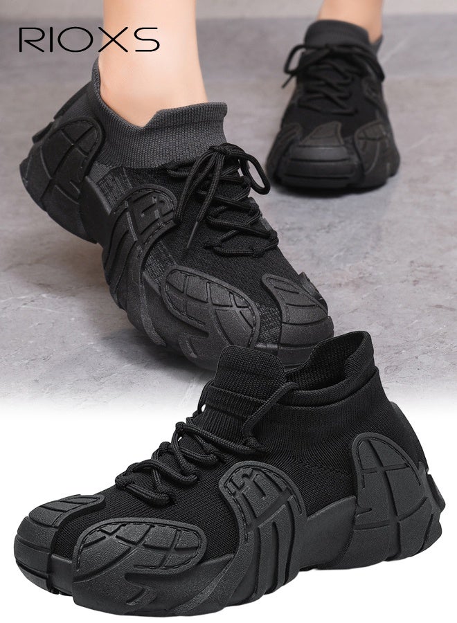 RIOXS Walking Trainers For Men And Women, Lightweight Athlesiure Shoes, Comfy Breathable Flyknit Sneakers, Unisex Slip-on Running Shoes, Sports Shoe With Soft Sole, Minimalist Walking Trainers, Training Shoes For Workout/ Gym/ Daily Wear- Black Trainers  - Image 1