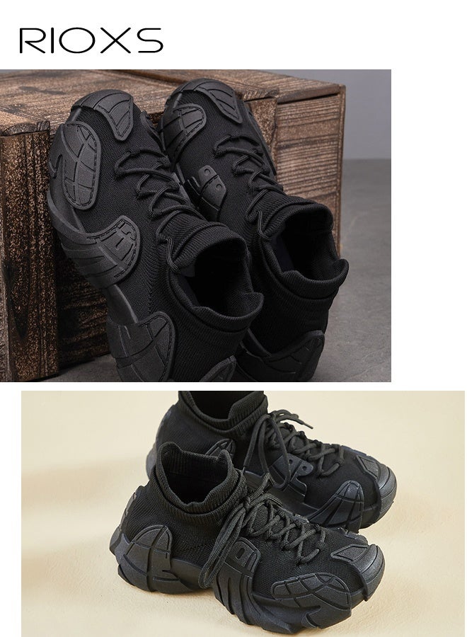 RIOXS Walking Trainers For Men And Women, Lightweight Athlesiure Shoes, Comfy Breathable Flyknit Sneakers, Unisex Slip-on Running Shoes, Sports Shoe With Soft Sole, Minimalist Walking Trainers, Training Shoes For Workout/ Gym/ Daily Wear- Black Trainers  - Image 3
