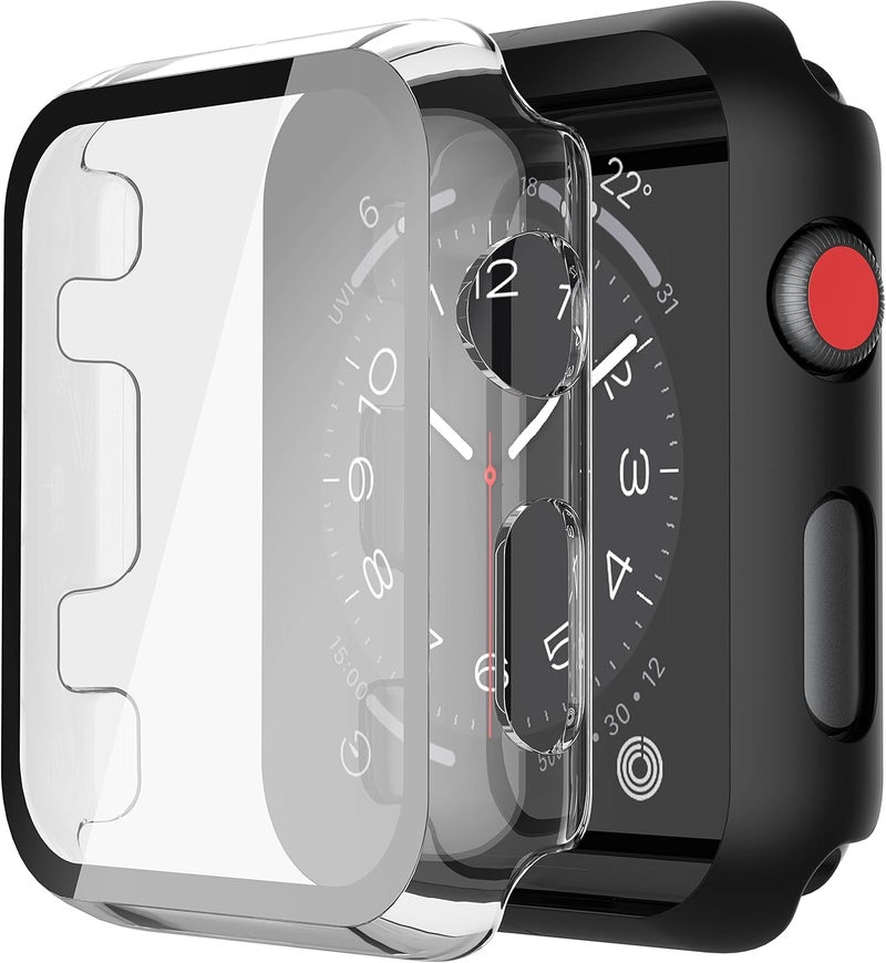 Misxi 2 Pack PC Case with Tempered Glass Screen Protector Compatible with Apple Watch Series 3 Series 2 38mm, HD Overall Shockproof Protective Cover for iWatch, 1 Black + 1 Transparent - Image 1