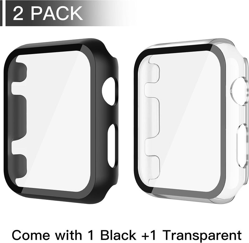 Misxi 2 Pack PC Case with Tempered Glass Screen Protector Compatible with Apple Watch Series 3 Series 2 38mm, HD Overall Shockproof Protective Cover for iWatch, 1 Black + 1 Transparent - Image 2
