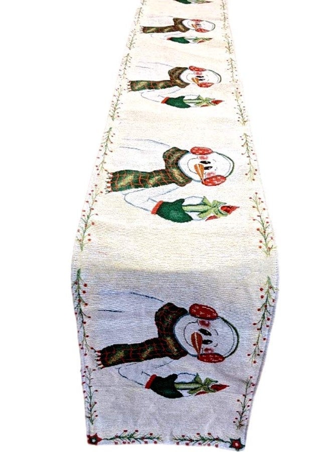 DaDa Bedding Magical Snowman Tapestry Table Runner - Wintery Holiday Red Cardinal Bold Festive White Intricate Needle Stitching - Cotton Linen Woven Kitchen Dining Mats - 13" x 72" - Image 5