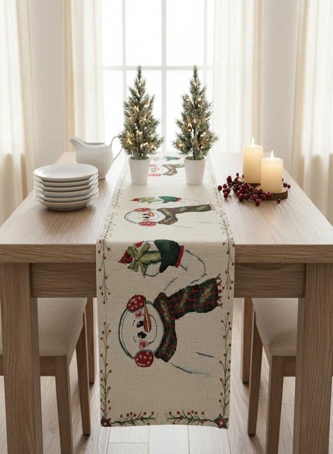 DaDa Bedding Magical Snowman Tapestry Table Runner - Wintery Holiday Red Cardinal Bold Festive White Intricate Needle Stitching - Cotton Linen Woven Kitchen Dining Mats - 13" x 72" - Image 1