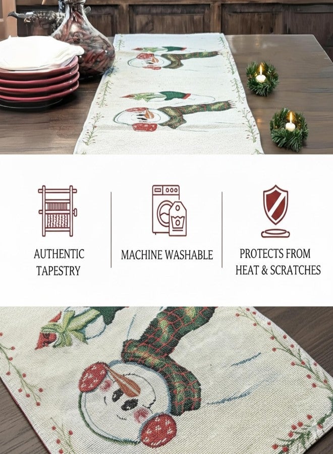 DaDa Bedding Magical Snowman Tapestry Table Runner - Wintery Holiday Red Cardinal Bold Festive White Intricate Needle Stitching - Cotton Linen Woven Kitchen Dining Mats - 13" x 72" - Image 2