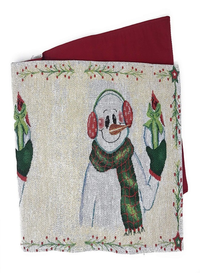 DaDa Bedding Magical Snowman Tapestry Table Runner - Wintery Holiday Red Cardinal Bold Festive White Intricate Needle Stitching - Cotton Linen Woven Kitchen Dining Mats - 13" x 72" - Image 3