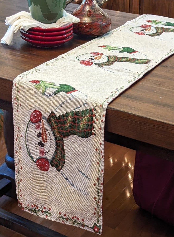 DaDa Bedding Magical Snowman Tapestry Table Runner - Wintery Holiday Red Cardinal Bold Festive White Intricate Needle Stitching - Cotton Linen Woven Kitchen Dining Mats - 13" x 72" - Image 4