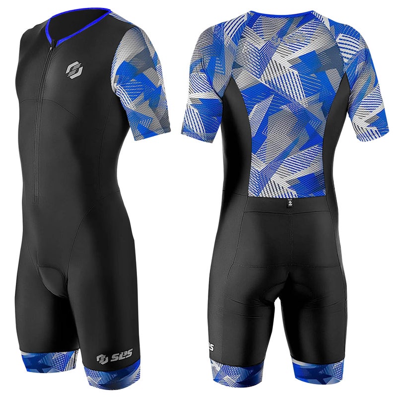 SLS3 Men's Triathlon Suit - Aero Full Sleeve Leotard, Lightweight, Quick Dry, 2 Pockets (Black/Blue Geo, Small) - Image 1