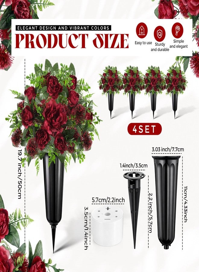Quzzil 4 Set 8 Pcs Artificial Cemetery Peony Flowers with Vase for Grave Artificial Peony Bouquet Memorial Day Father's Day Funeral Gravesite Flowers for Outdoor Cemetery Headstone Lawn Yard, Burgundy - Image 2