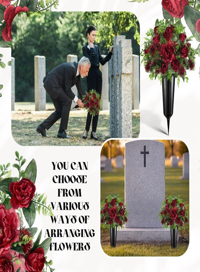 Quzzil 4 Set 8 Pcs Artificial Cemetery Peony Flowers with Vase for Grave Artificial Peony Bouquet Memorial Day Father's Day Funeral Gravesite Flowers for Outdoor Cemetery Headstone Lawn Yard, Burgundy - Image 3