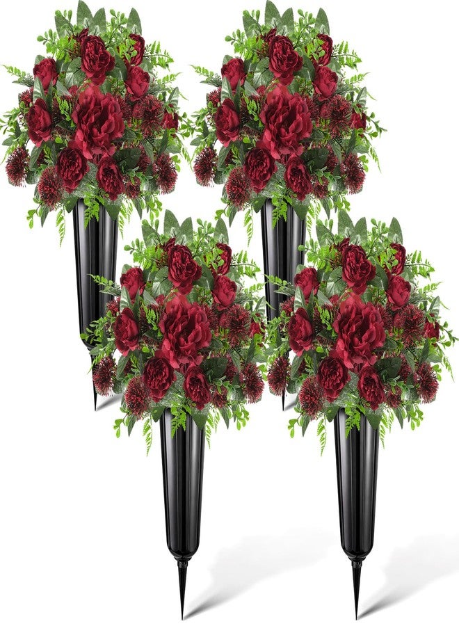 Quzzil 4 Set 8 Pcs Artificial Cemetery Peony Flowers with Vase for Grave Artificial Peony Bouquet Memorial Day Father's Day Funeral Gravesite Flowers for Outdoor Cemetery Headstone Lawn Yard, Burgundy - Image 1