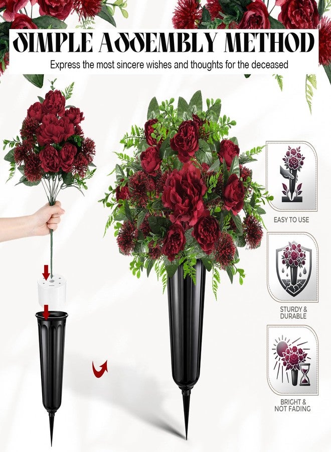 Quzzil 4 Set 8 Pcs Artificial Cemetery Peony Flowers with Vase for Grave Artificial Peony Bouquet Memorial Day Father's Day Funeral Gravesite Flowers for Outdoor Cemetery Headstone Lawn Yard, Burgundy - Image 5