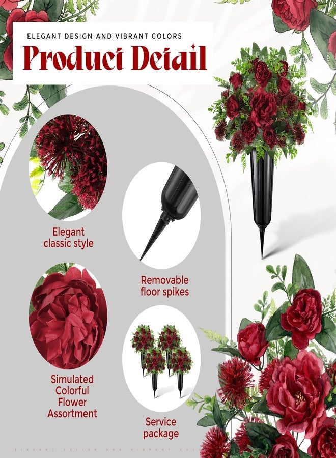 Quzzil 4 Set 8 Pcs Artificial Cemetery Peony Flowers with Vase for Grave Artificial Peony Bouquet Memorial Day Father's Day Funeral Gravesite Flowers for Outdoor Cemetery Headstone Lawn Yard, Burgundy - Image 4
