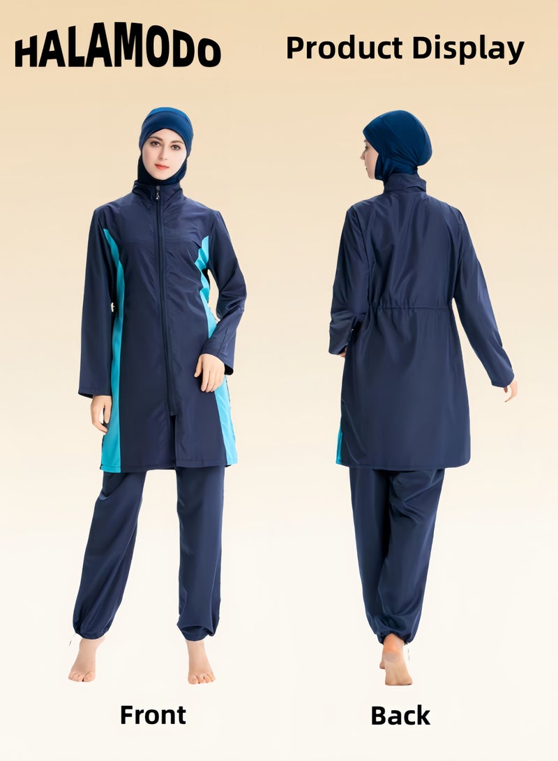 هالامودو بدلة سباحة نسائية مكونة من 4 قطع ملابس سباحة كاملة التغطية للسباحة لباس سباحة إسلامي بأكمام طويلة كبيرة الحجم مع معطف إسلامي بأربطة وبنطلون سباحة وغطاء سباحة للحجاب الإسلامي المحتشم للسيدات - Image 4