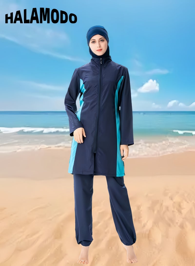 هالامودو بدلة سباحة نسائية مكونة من 4 قطع ملابس سباحة كاملة التغطية للسباحة لباس سباحة إسلامي بأكمام طويلة كبيرة الحجم مع معطف إسلامي بأربطة وبنطلون سباحة وغطاء سباحة للحجاب الإسلامي المحتشم للسيدات - Image 5