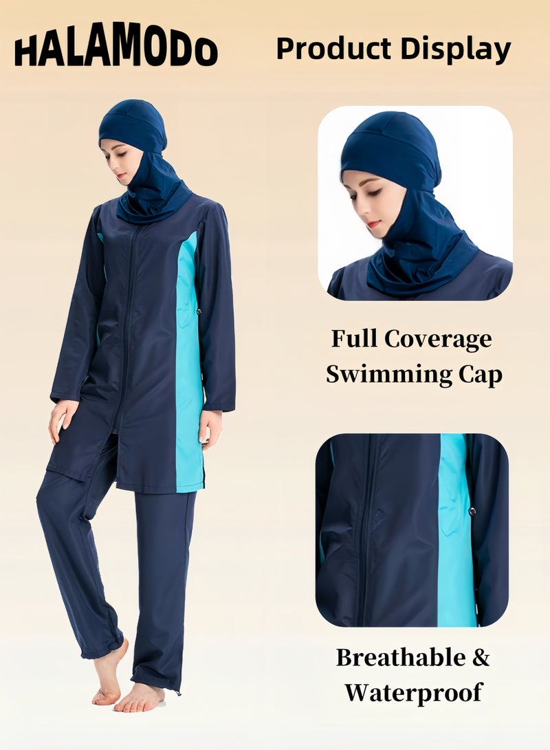 هالامودو بدلة سباحة نسائية مكونة من 4 قطع ملابس سباحة كاملة التغطية للسباحة لباس سباحة إسلامي بأكمام طويلة كبيرة الحجم مع معطف إسلامي بأربطة وبنطلون سباحة وغطاء سباحة للحجاب الإسلامي المحتشم للسيدات - Image 3