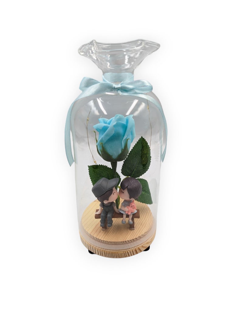 UNT Rose in Glass Dome with Miniature Couple and LED lights - Image 2