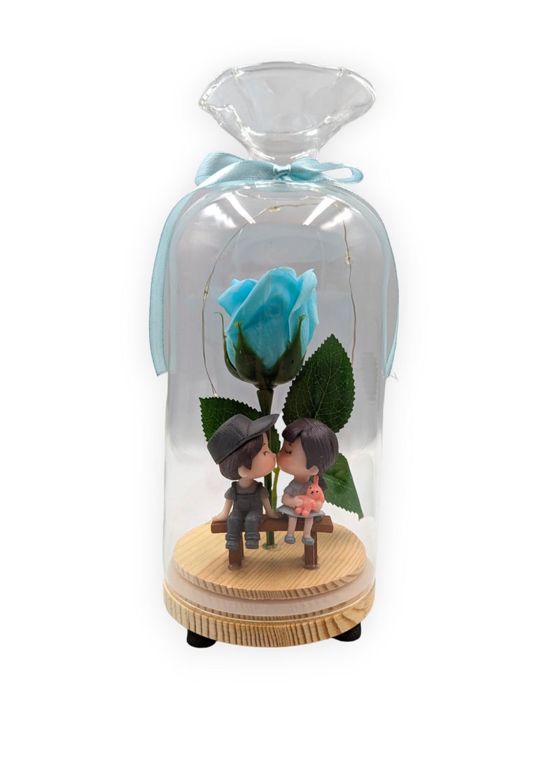 UNT Rose in Glass Dome with Miniature Couple and LED lights - Image 1