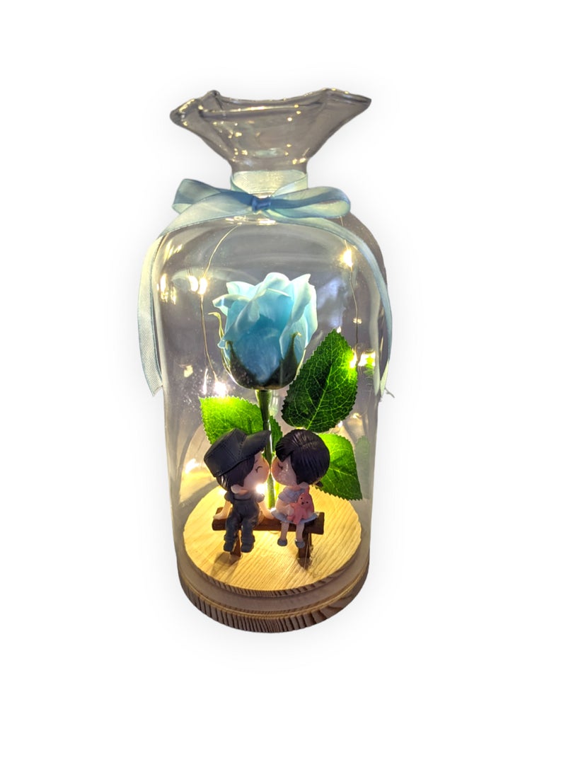 UNT Rose in Glass Dome with Miniature Couple and LED lights - Image 3