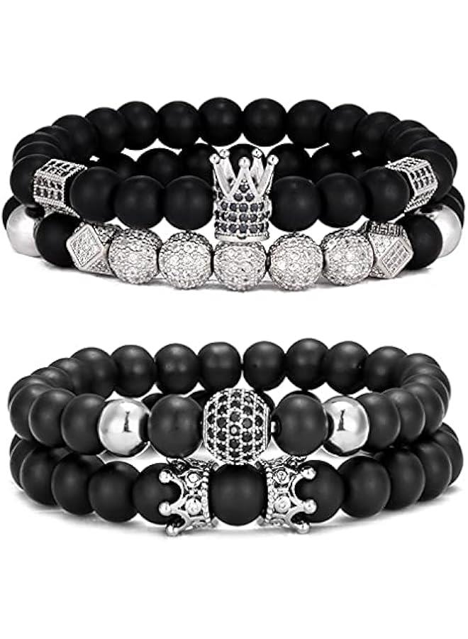 Arabest 4Pcs 8mm Crown King Charm Beads Bracelet for Men Women Natural Black Matte Onyx Stone Beads Elastic Adjustable  - Image 1