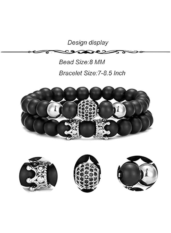Arabest 4Pcs 8mm Crown King Charm Beads Bracelet for Men Women Natural Black Matte Onyx Stone Beads Elastic Adjustable  - Image 2