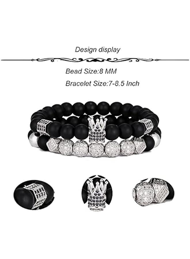 Arabest 4Pcs 8mm Crown King Charm Beads Bracelet for Men Women Natural Black Matte Onyx Stone Beads Elastic Adjustable  - Image 3