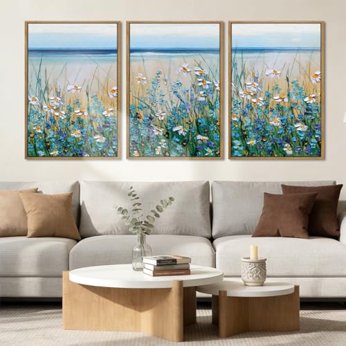BINCUE Blue Seaside Cyan Floral Wall Decor Wildflower Canvas Painting Framed Floral Prints Decor for Living Room Bedroom 16x24 Inch Set of 3 - Image 3