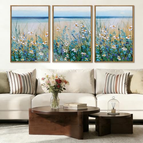 BINCUE Blue Seaside Cyan Floral Wall Decor Wildflower Canvas Painting Framed Floral Prints Decor for Living Room Bedroom 16x24 Inch Set of 3 - Image 2