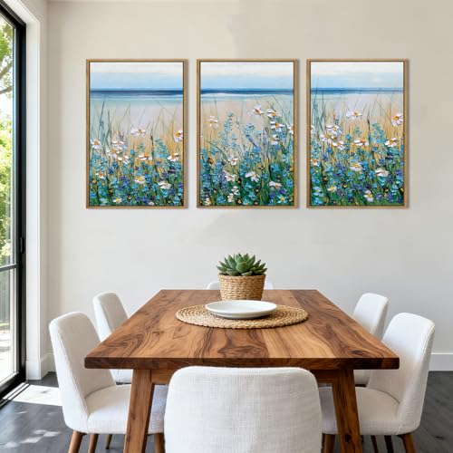 BINCUE Blue Seaside Cyan Floral Wall Decor Wildflower Canvas Painting Framed Floral Prints Decor for Living Room Bedroom 16x24 Inch Set of 3 - Image 5
