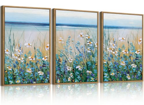 BINCUE Blue Seaside Cyan Floral Wall Decor Wildflower Canvas Painting Framed Floral Prints Decor for Living Room Bedroom 16x24 Inch Set of 3 - Image 1