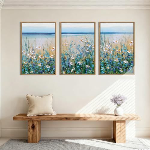 BINCUE Blue Seaside Cyan Floral Wall Decor Wildflower Canvas Painting Framed Floral Prints Decor for Living Room Bedroom 16x24 Inch Set of 3 - Image 4