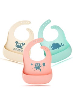 Silicone Bibs,3 Pack Silicone Baby Bib for Babies and Toddlers, Soft Adjustable Fit Waterproof Bibs