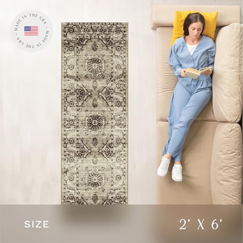 Maples Rugs Distressed Lexington Non Slip Runner Rug For Hallway Entry Way Floor Carpet [Made in USA], 2 x 6, Brown/Neutral - Image 3