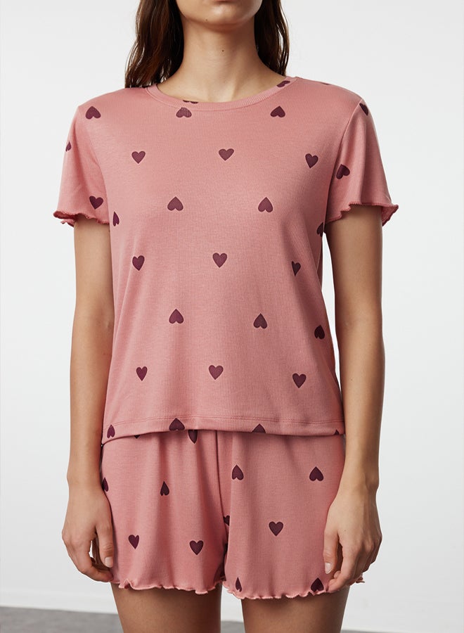 trendyol Dusty Rose Slogan Printed Ribbed Knitted Pajamas Set  Elastic Shorts, - Image 1