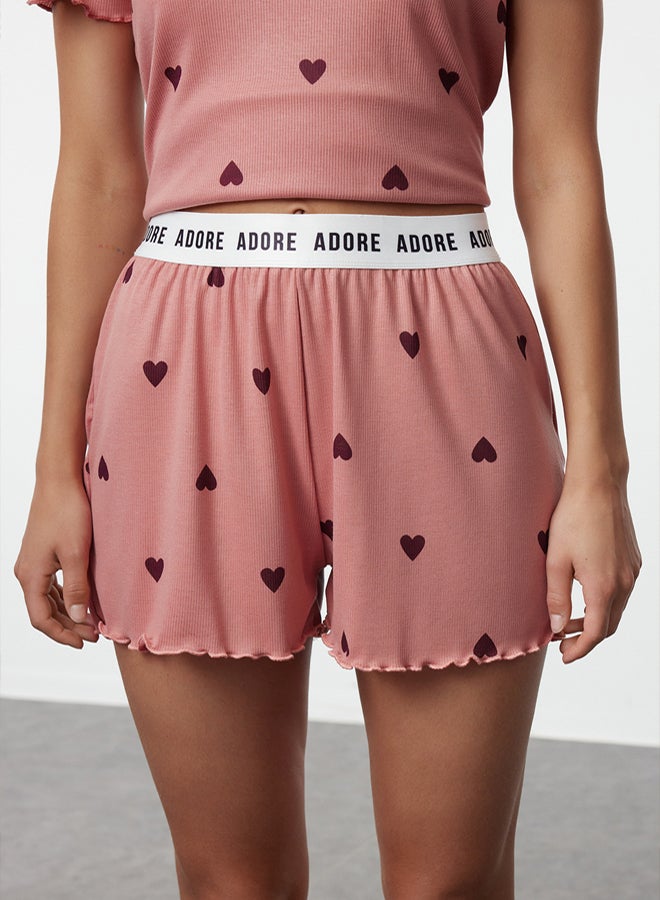 trendyol Dusty Rose Slogan Printed Ribbed Knitted Pajamas Set  Elastic Shorts, - Image 2