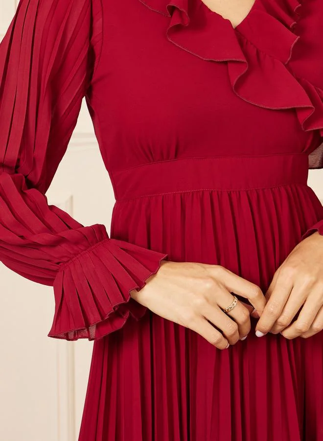 Styli Accordion Pleat Ruffle V Neck A-Line Maxi Dress