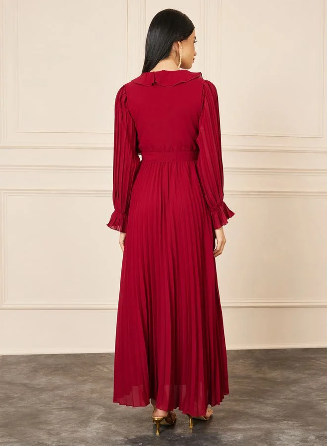 Styli Accordion Pleat Ruffle V Neck A-Line Maxi Dress