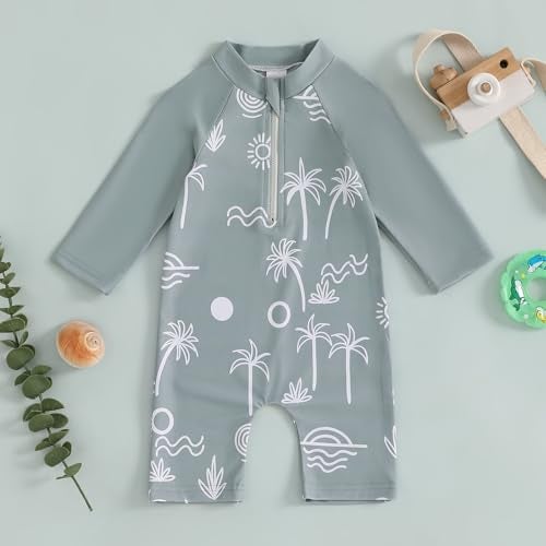 ZyHwShine Toddler Infant Baby Boy Swimsuit Newborn Rash Guard Baby Boys Girls One Piece Zipper Bathing Suit Swimwear (a-V-Green, 6-12 Months) - Image 2